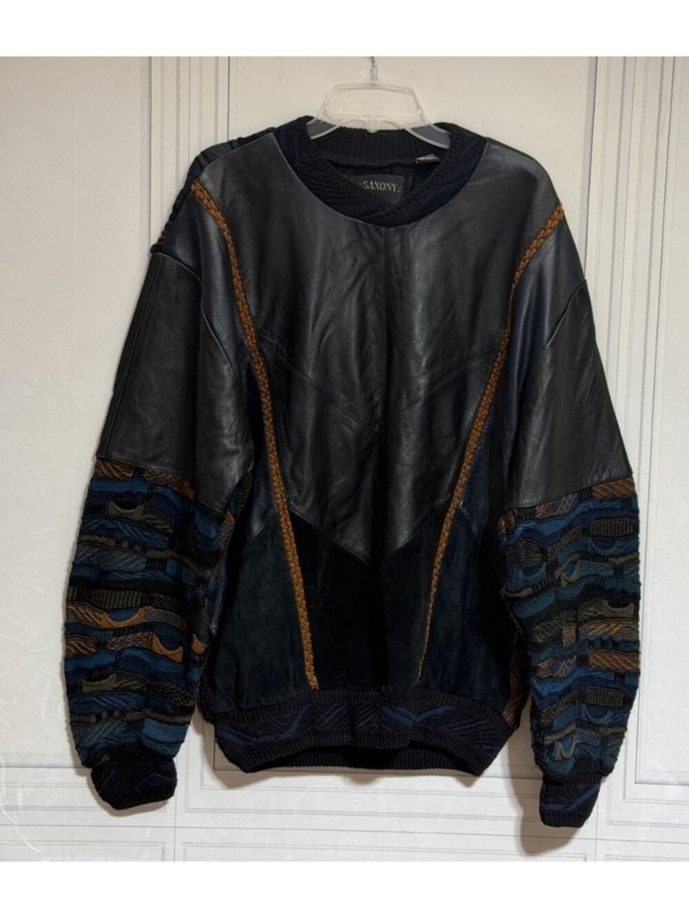 Saxony Sweater Mens L Black Leather Suede Knit Hip Hop 80s Vintage